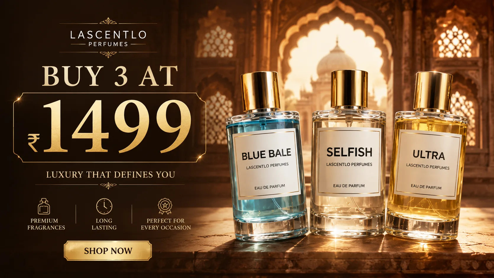 Lascentlo — any three 50ml Eau de Parfums for ₹1,499