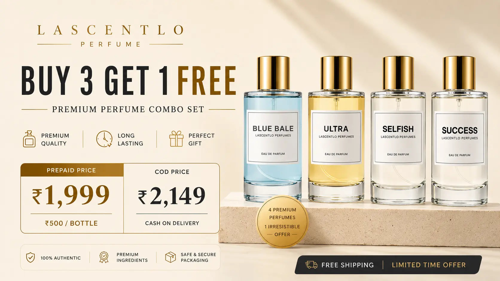 Buy 3 Get 1 Free — 4 perfumes for ₹1,999
